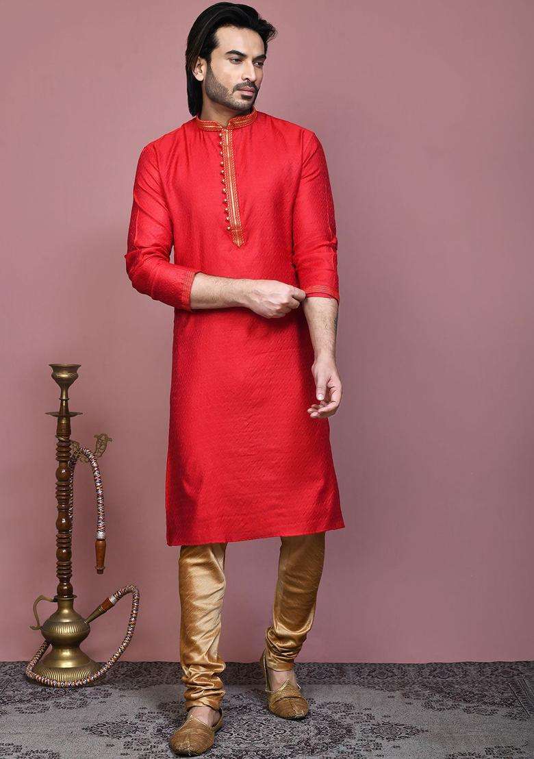 Red Embroidered Cotton Kurta Set For Men - Indya