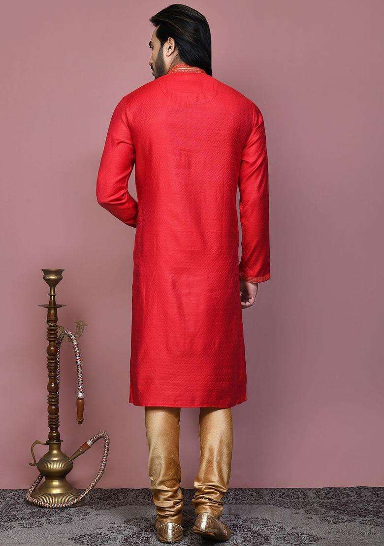 Red Embroidered Cotton Kurta Set For Men - Indya