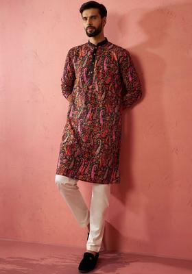 Black Printed Viscose Kurta Set For Men