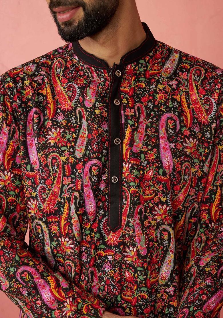 Black Printed Viscose Kurta Set For Men - Indya