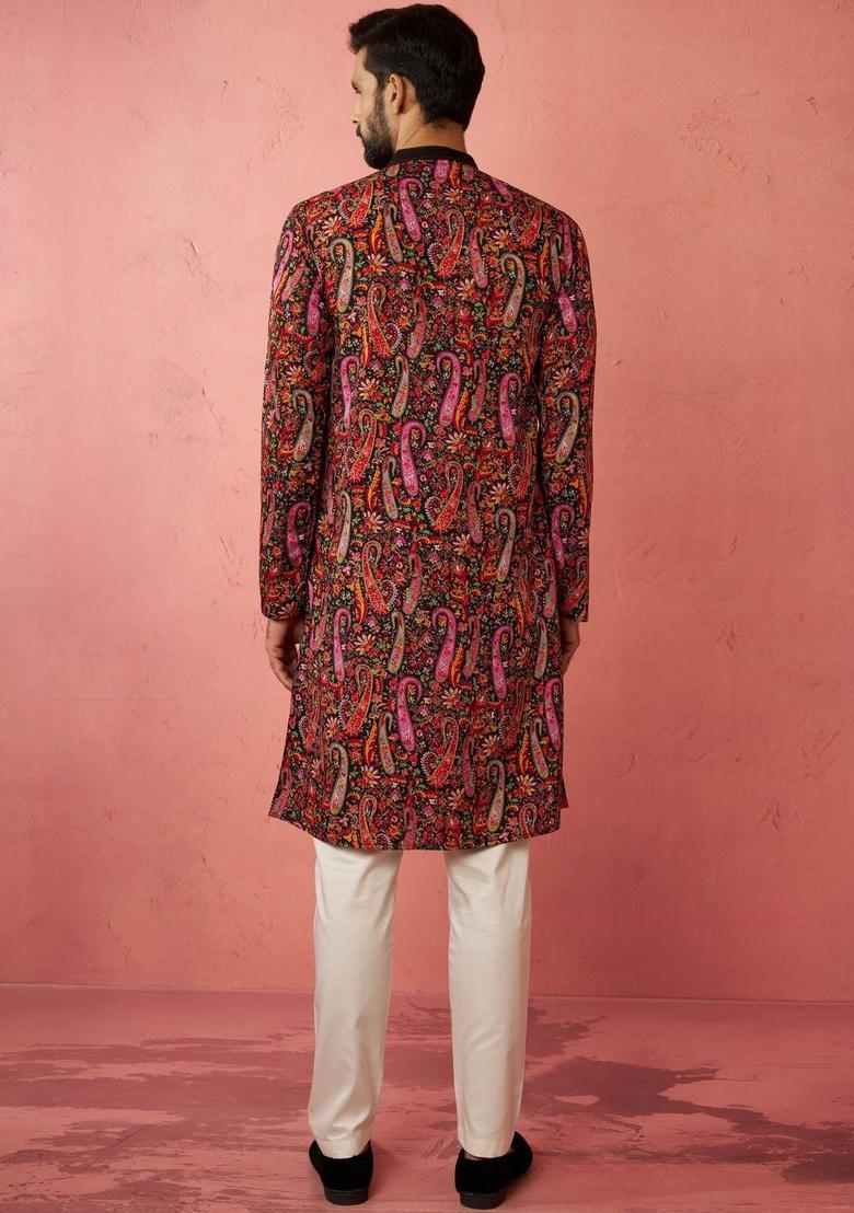 Black Printed Viscose Kurta Set For Men - Indya