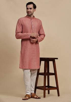 Pink Embroidered Cotton Kurta Set For Men