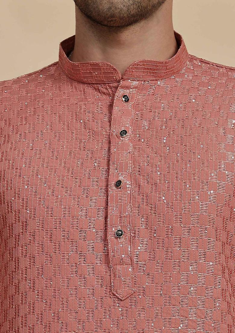Pink Embroidered Cotton Kurta Set For Men - Indya