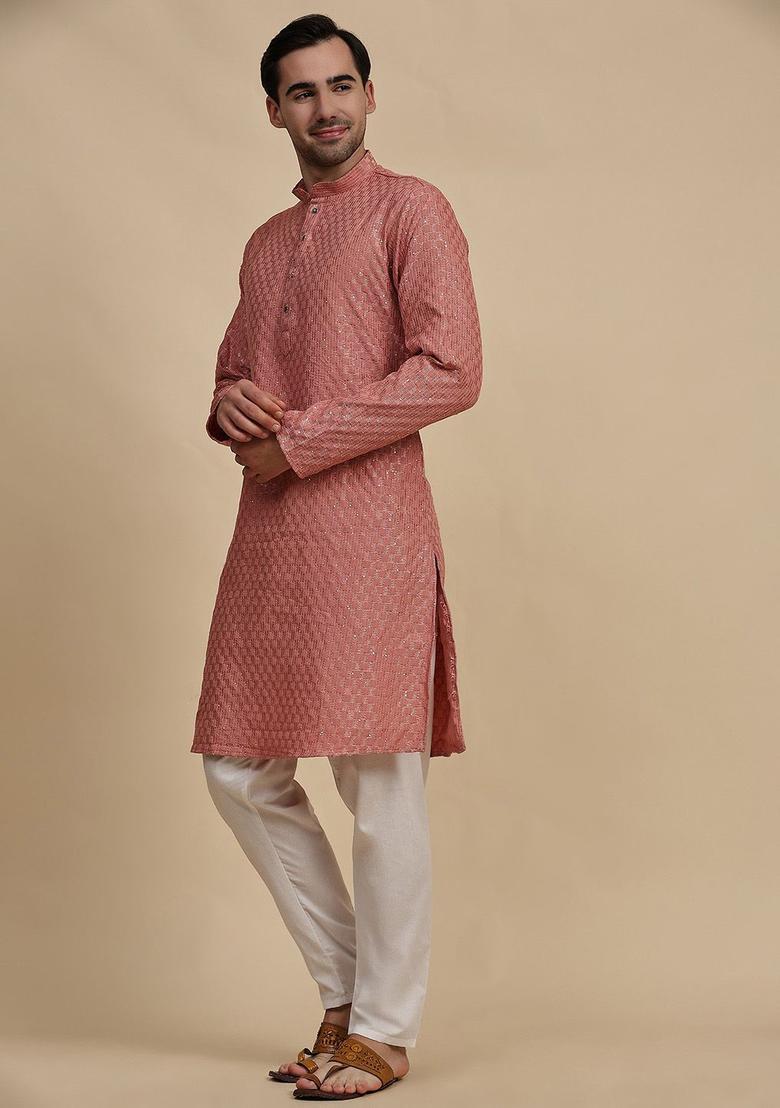 Pink Embroidered Cotton Kurta Set For Men - Indya