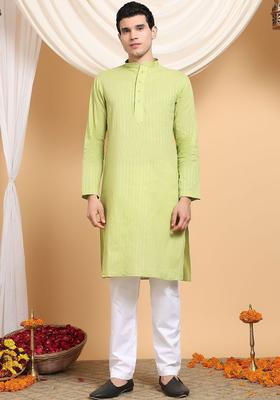 Lime Green Self Design Cotton Kurta Set For Men