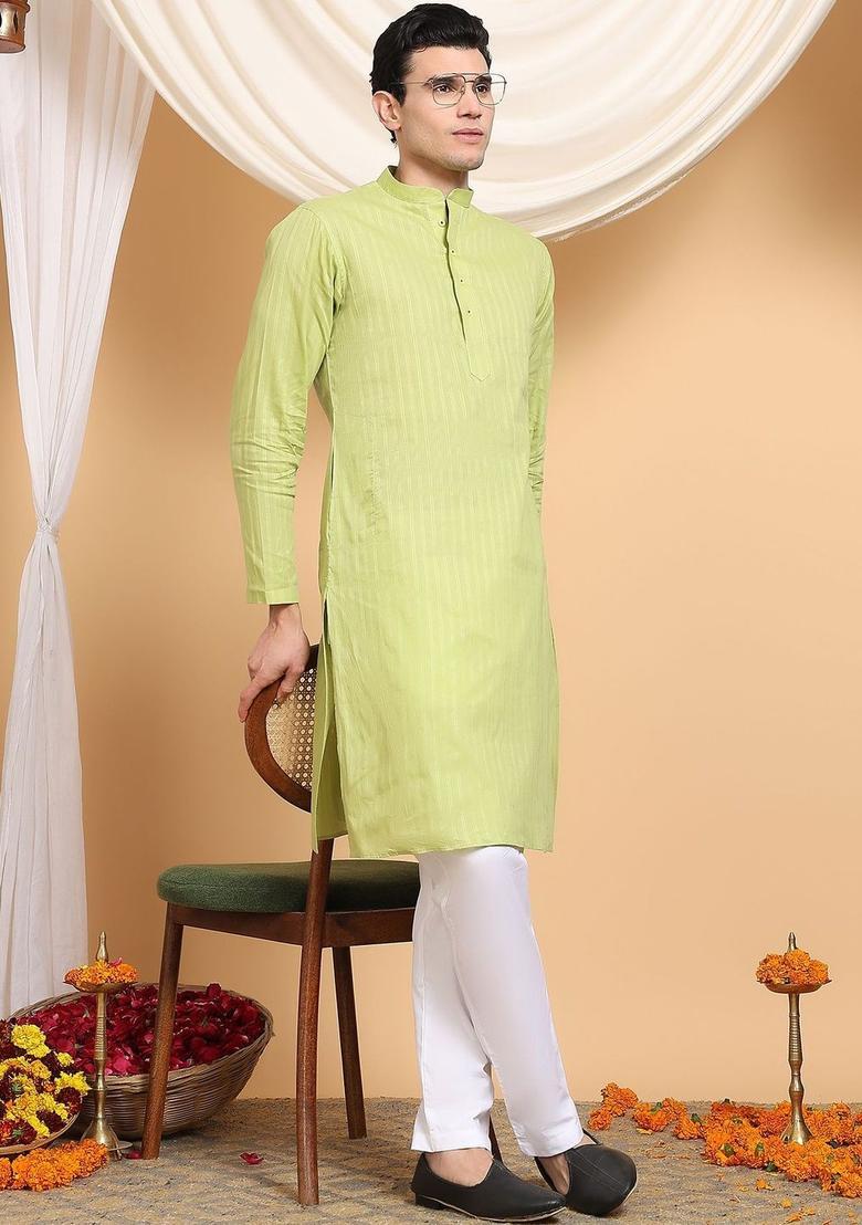 Lime Green Self Design Cotton Kurta Set For Men - Indya