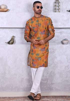 Yellow Embroidered Cotton Kurta Set For Men