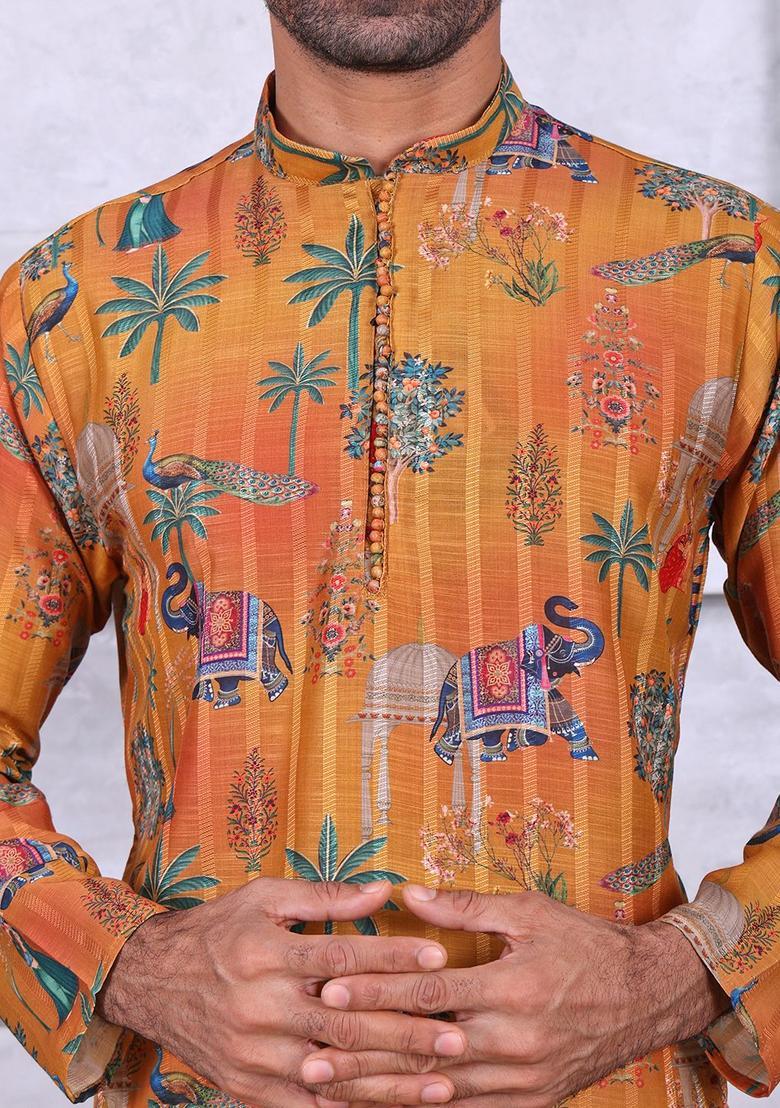 Yellow Embroidered Cotton Kurta Set For Men - Indya