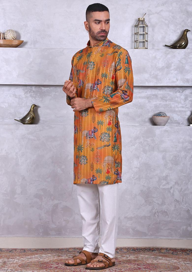Yellow Embroidered Cotton Kurta Set For Men - Indya