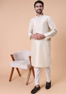 Off White Embroidered Silk Kurta Set For Men