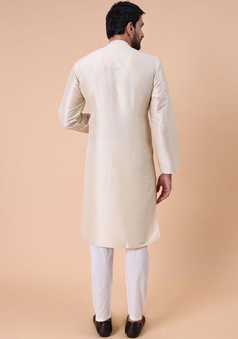 Off White Embroidered Silk Kurta Set For Men - Indya