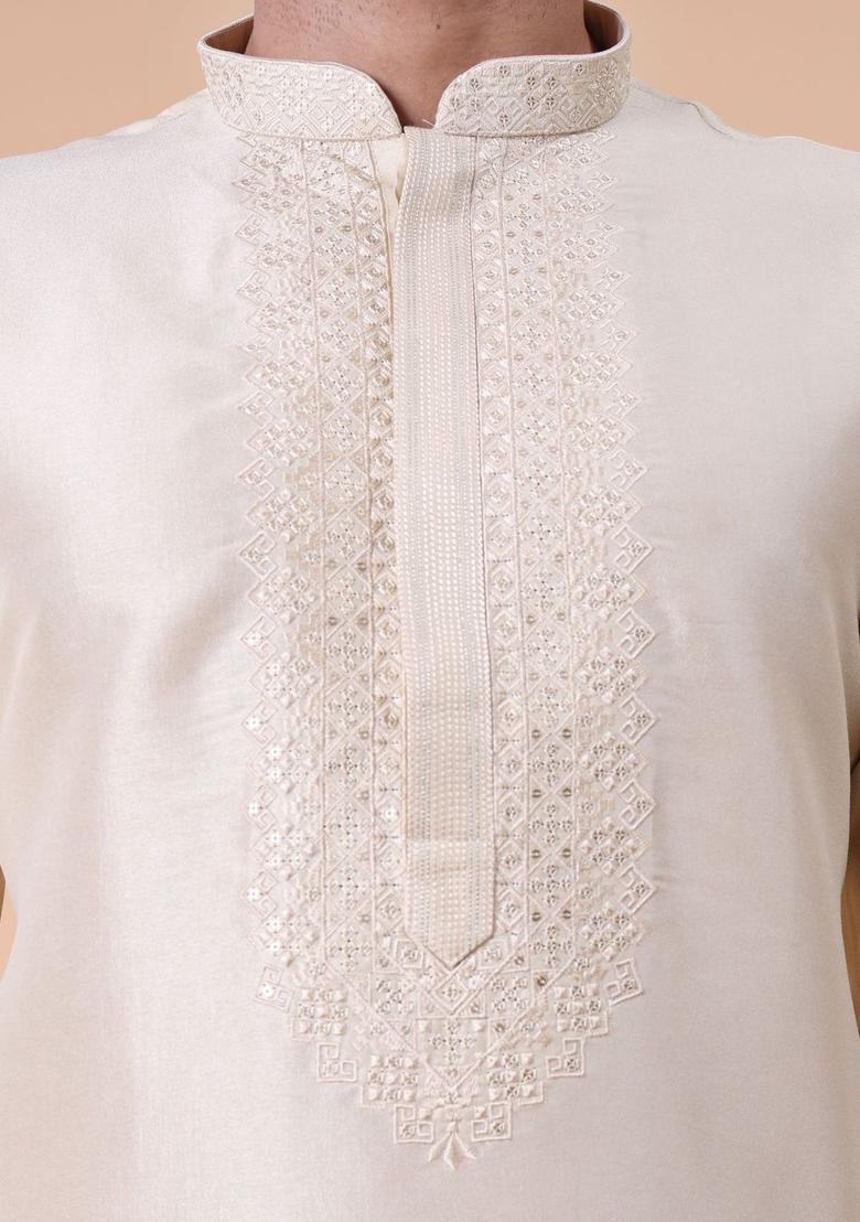 Off White Embroidered Silk Kurta Set For Men - Indya