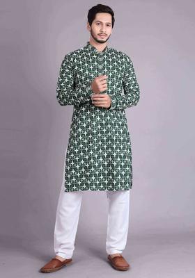 Olive Embroidered Cotton Kurta Set For Men