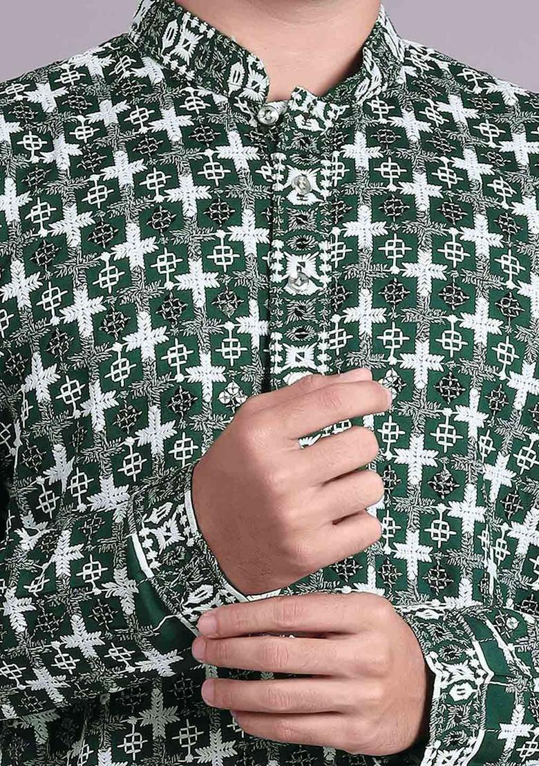 Olive Embroidered Cotton Kurta Set For Men - Indya