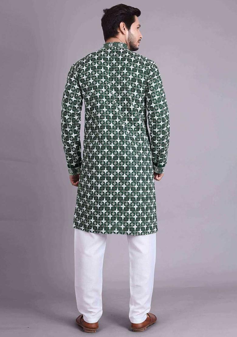 Olive Embroidered Cotton Kurta Set For Men - Indya