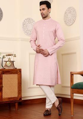 Pink Woven Design Silk Kurta Set For Men