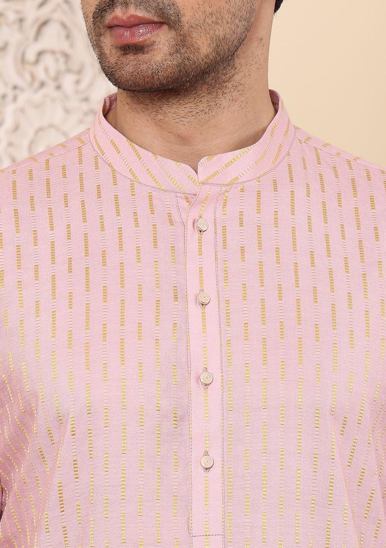 Pink Woven Design Silk Kurta Set For Men - Indya