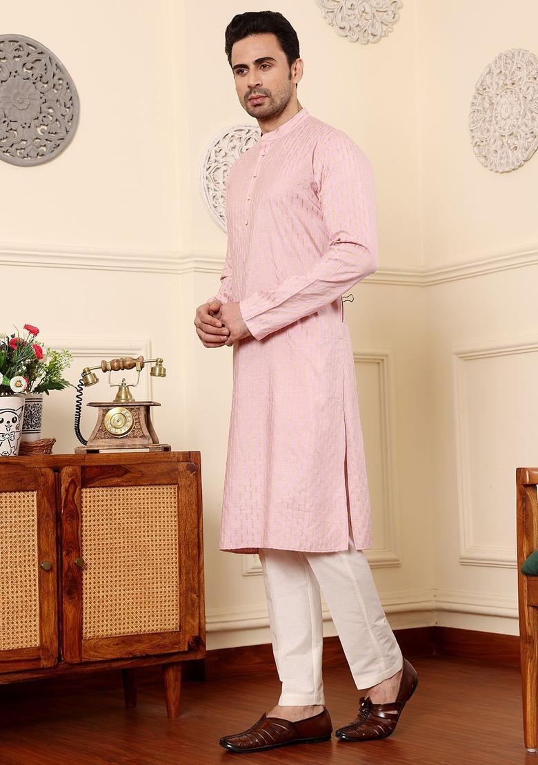 Pink Woven Design Silk Kurta Set For Men - Indya