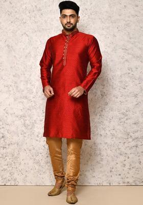 Maroon Woven Design Silk Kurta Set For Men