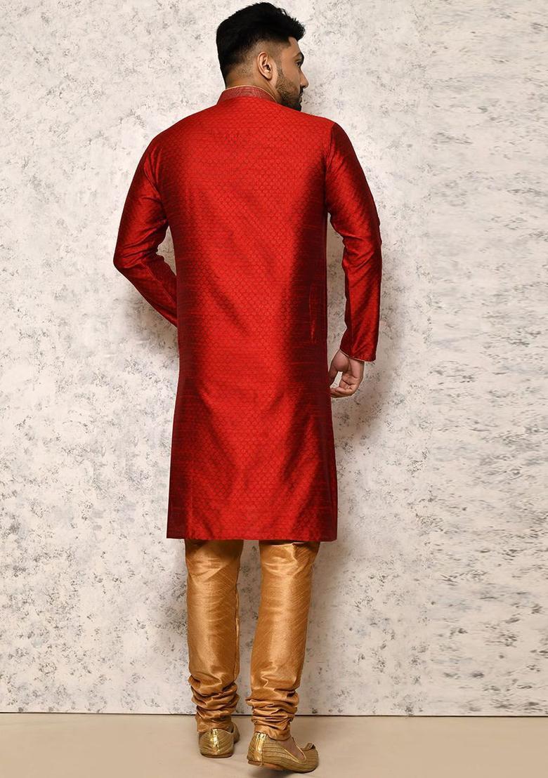 Maroon Woven Design Silk Kurta Set For Men - Indya