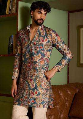 Multi Printed Silk Kurta Set For Men