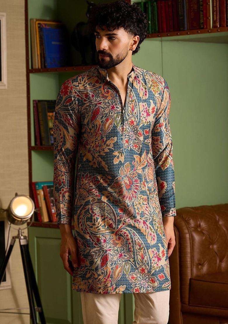 Multi Printed Silk Kurta Set For Men - Indya
