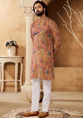 Brown Printed Cotton Kurta Set For Men