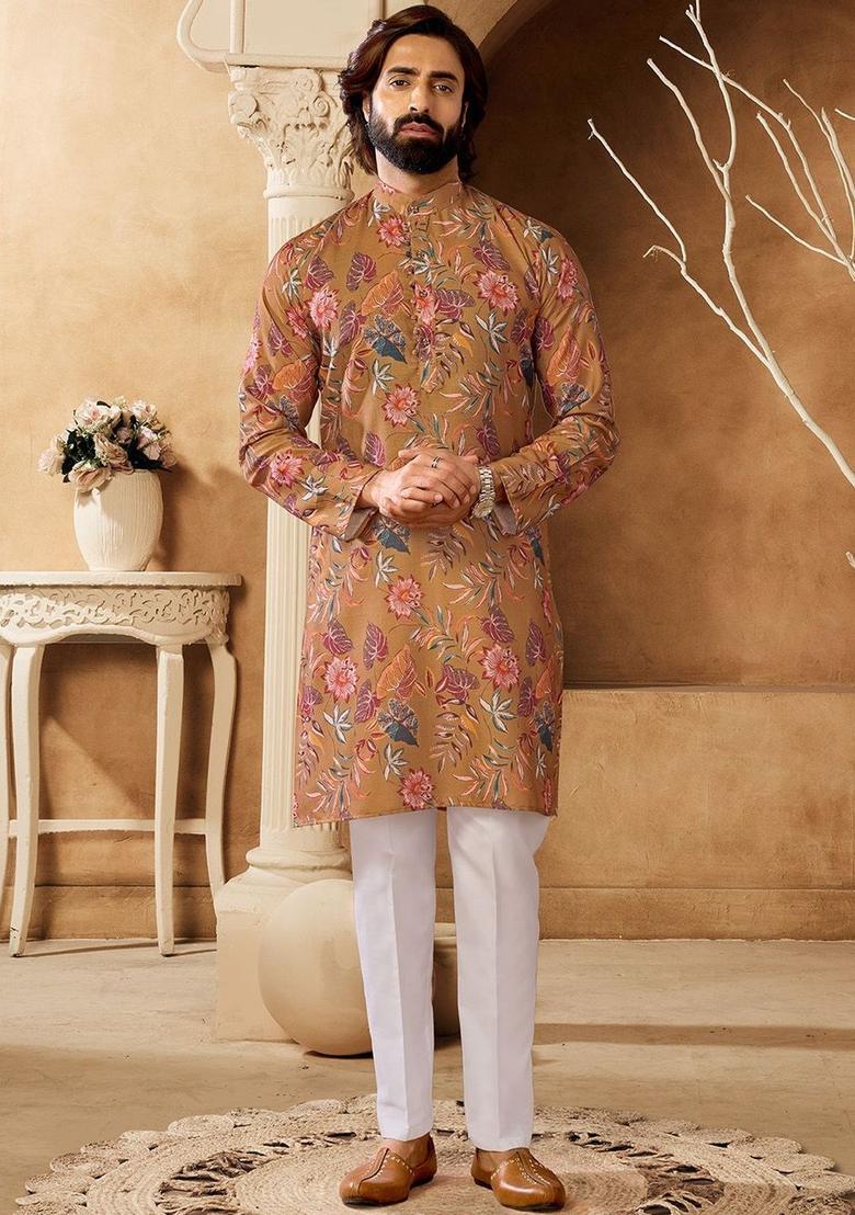 Brown Printed Cotton Kurta Set For Men - Indya
