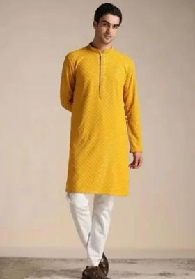 Yellow Embroidered Cotton Kurta Set For Men