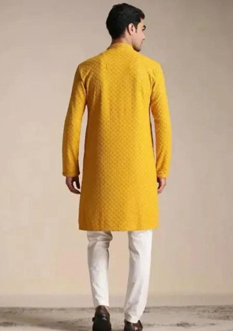 Yellow Embroidered Cotton Kurta Set For Men - Indya