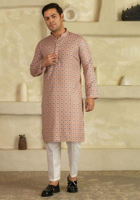 Peach Printed Viscose Kurta Set For Men