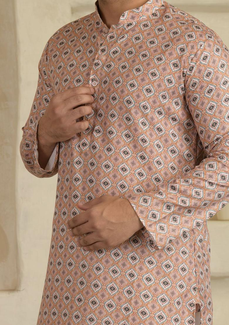 Peach Printed Viscose Kurta Set For Men - Indya