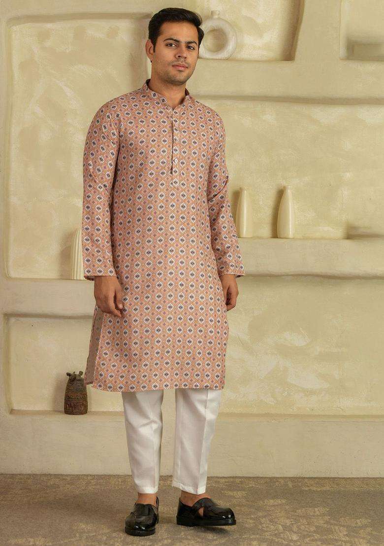 Peach Printed Viscose Kurta Set For Men - Indya