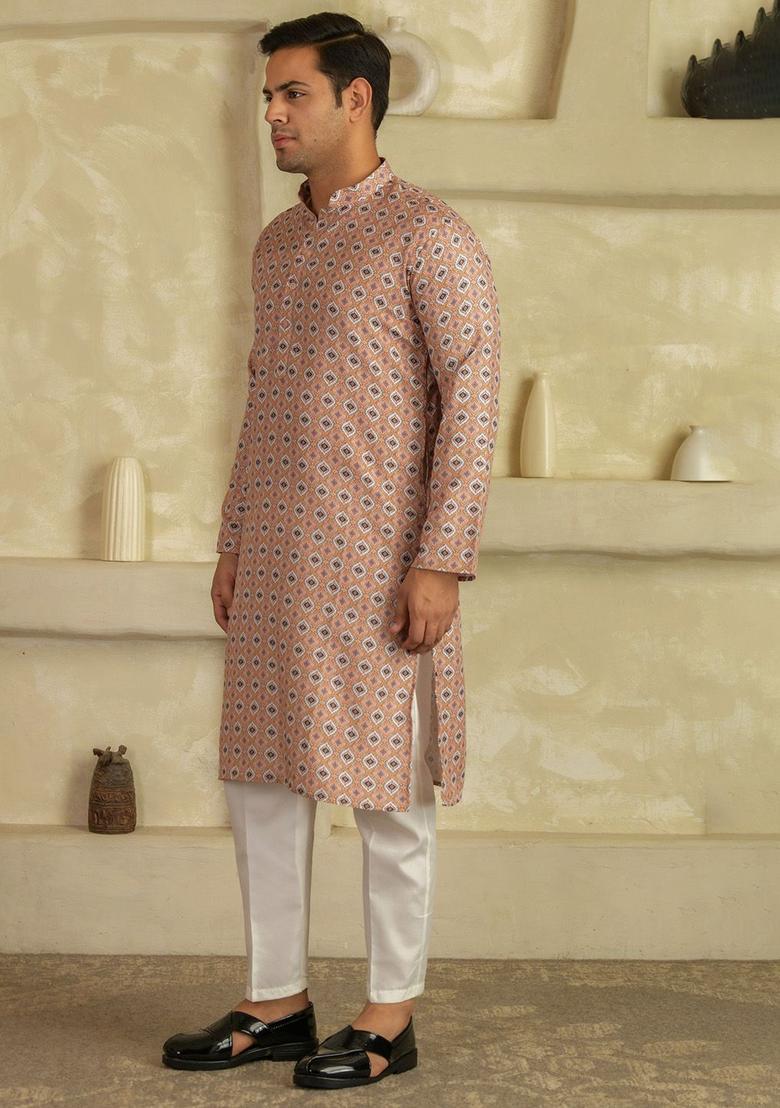 Peach Printed Viscose Kurta Set For Men - Indya