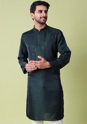 Green Embroidered Silk Kurta Set For Men
