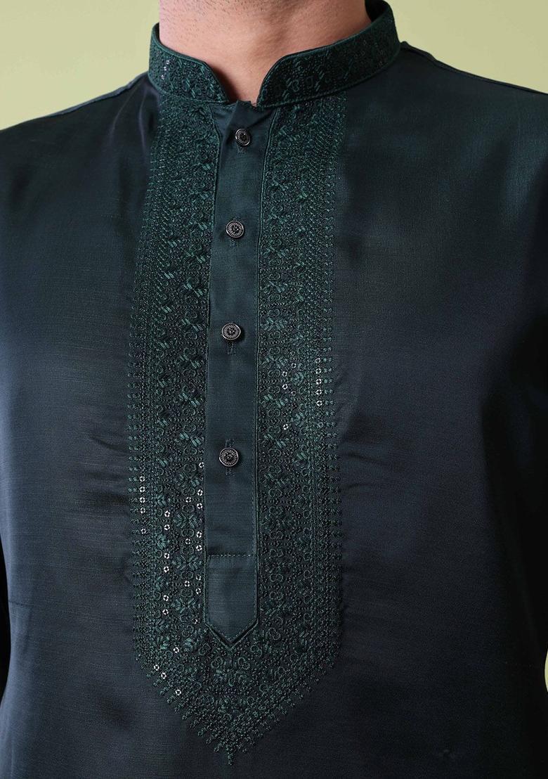 Green Embroidered Silk Kurta Set For Men - Indya