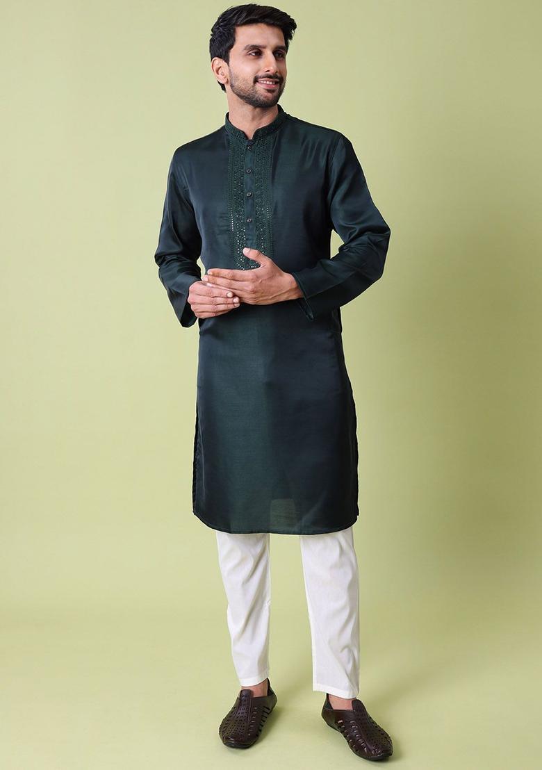 Green Embroidered Silk Kurta Set For Men - Indya
