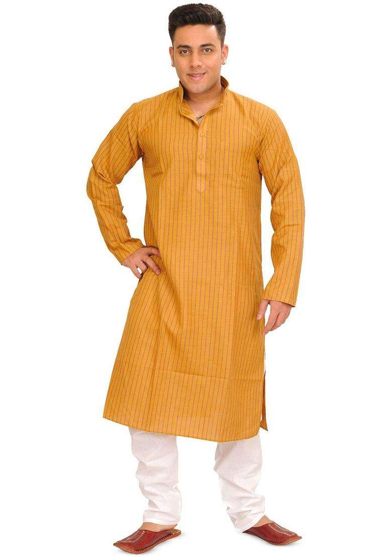 Gold Striped Cotton Kurta Set For Men - Indya
