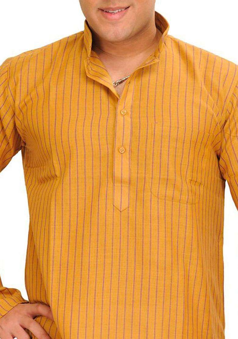 Gold Striped Cotton Kurta Set For Men - Indya