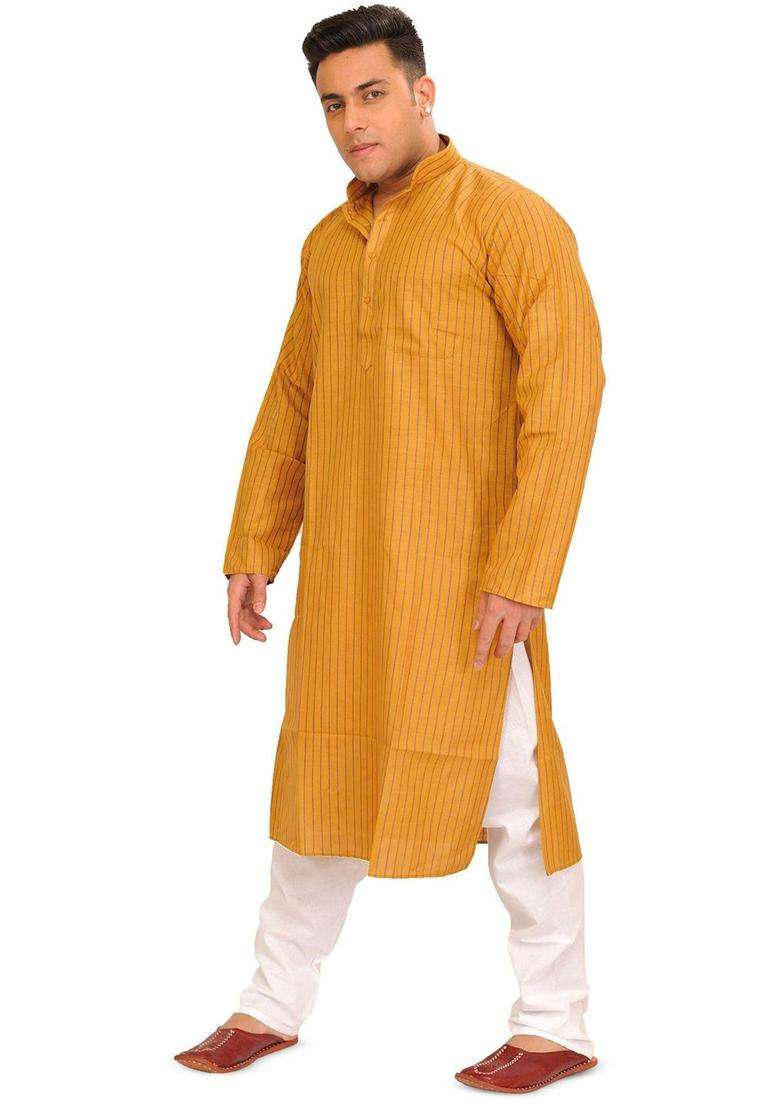 Gold Striped Cotton Kurta Set For Men - Indya