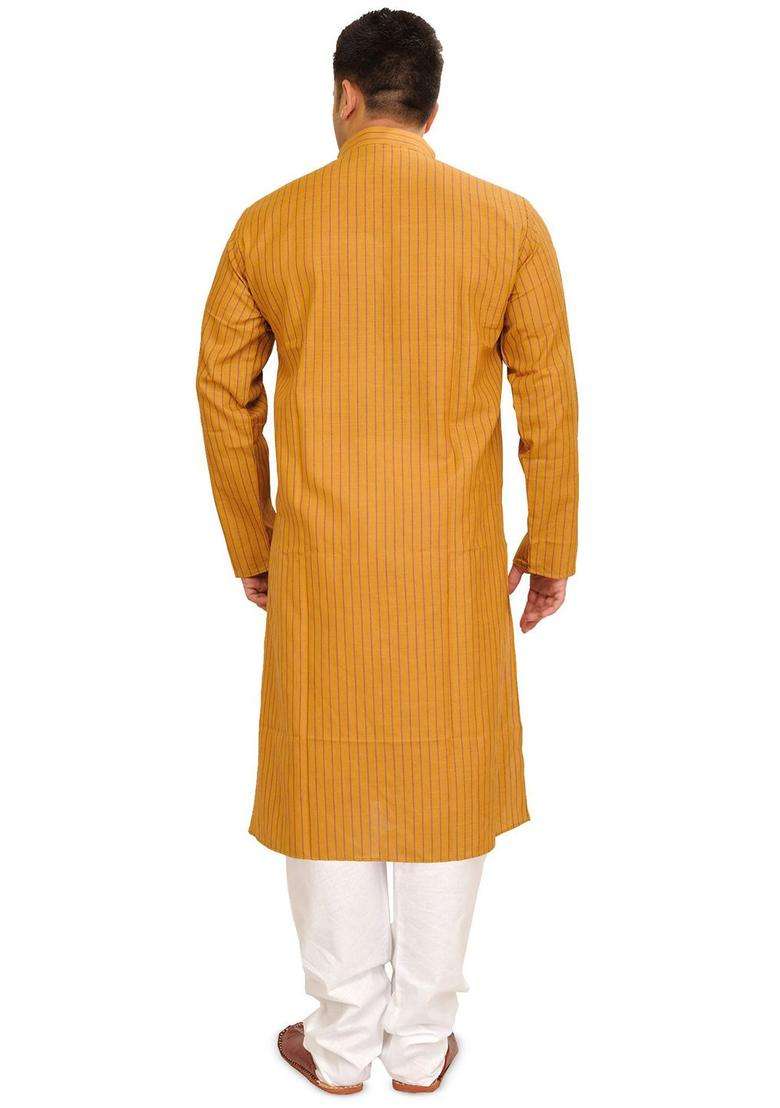 Gold Striped Cotton Kurta Set For Men - Indya