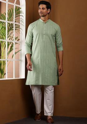 Green Self Design Cotton Kurta Set For Men