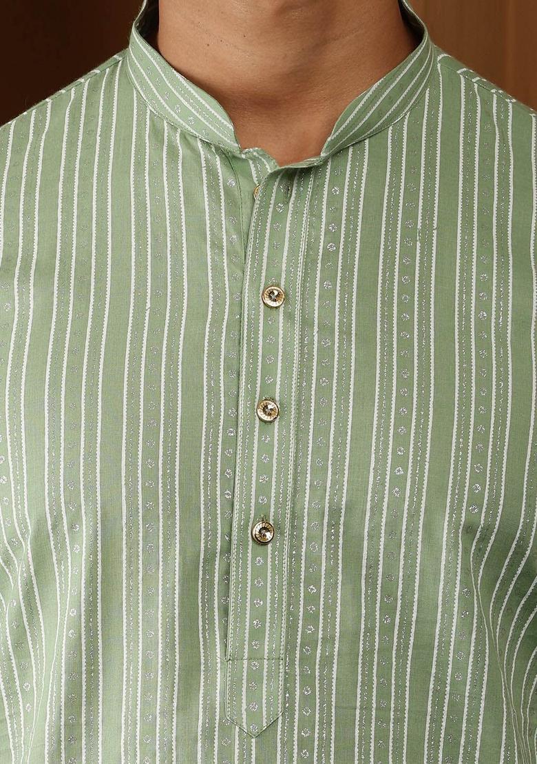 Green Self Design Cotton Kurta Set For Men - Indya