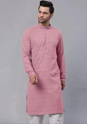 Pink Solid Viscose Kurta Set For Men