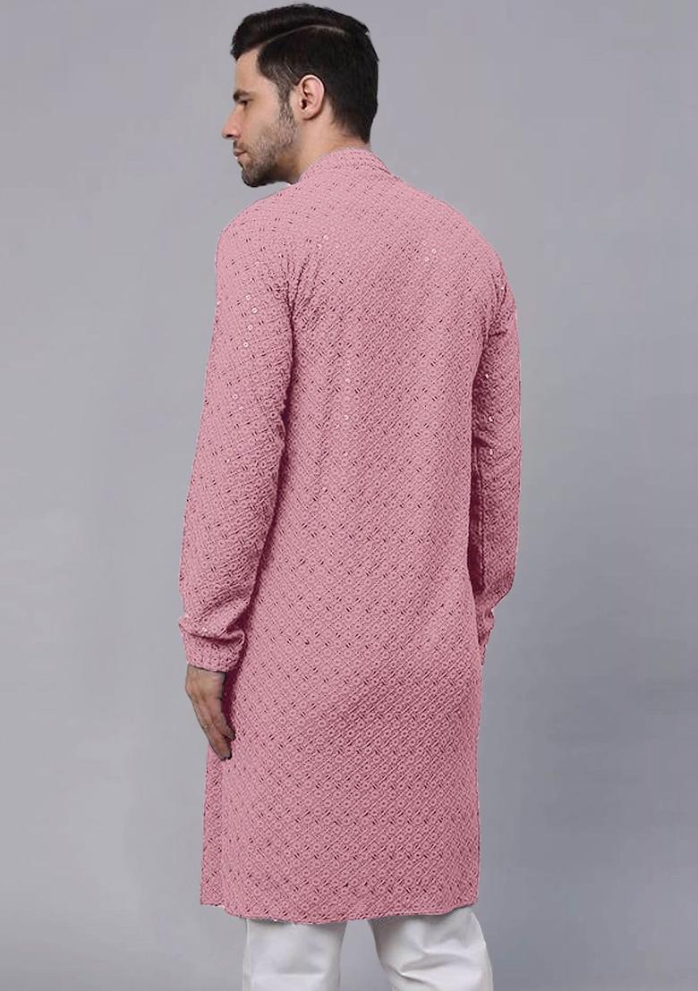 Pink Solid Viscose Kurta Set For Men - Indya