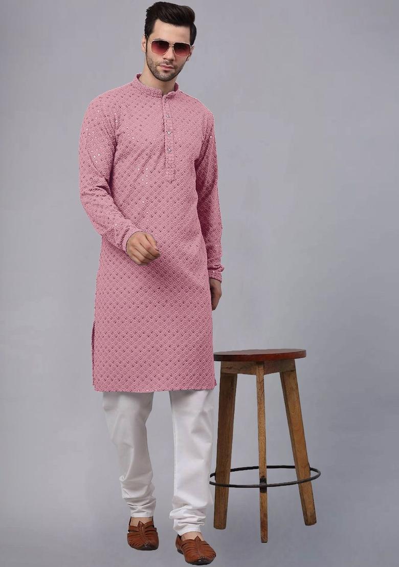 Pink Solid Viscose Kurta Set For Men - Indya