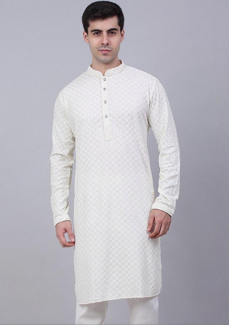 Off White Embroidered Viscose Kurta Set For Men - Indya