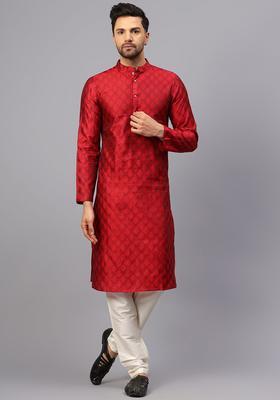 Red Woven Design Silk Kurta Set For Men