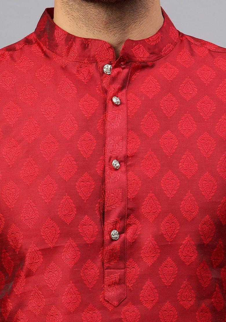 Red Woven Design Silk Kurta Set For Men - Indya