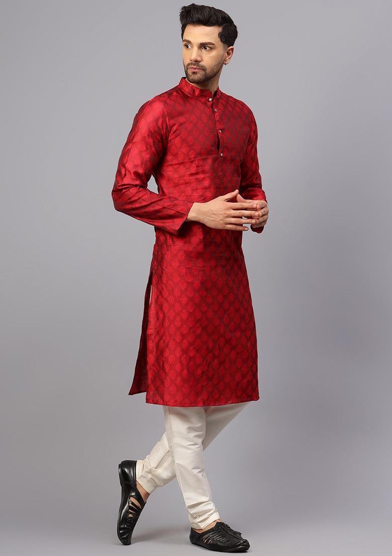 Red Woven Design Silk Kurta Set For Men - Indya